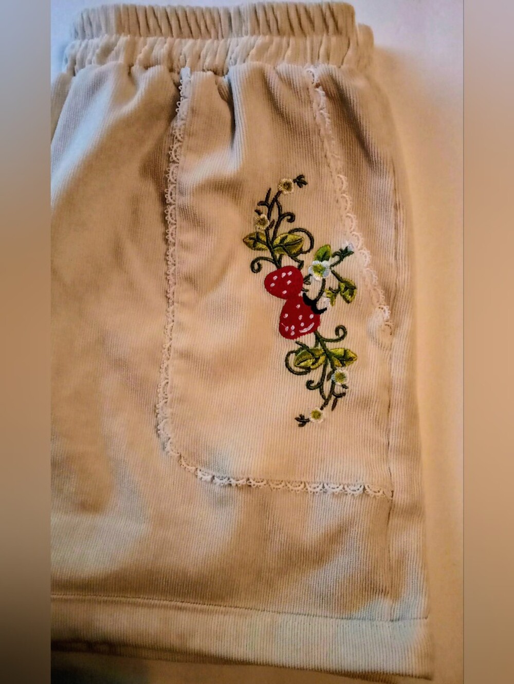 Women's Cream Corduroy Dress with Red Strawberry Embroidery